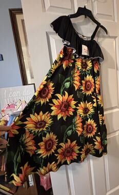 Pixie Girl 14/16 Sunflower Dress A-Line NWT Midi Off Shoulder Black Yellow Oran